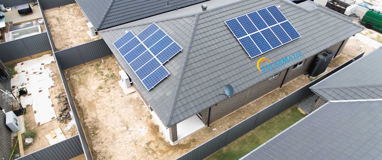 view of Installed solar panel grids from a distance