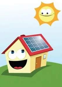 cartoon-representing-a-funny-house-with-solar-panels happy house because of using solar power